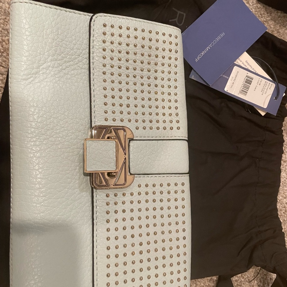 Rebecca minkoff mint green leather clutch